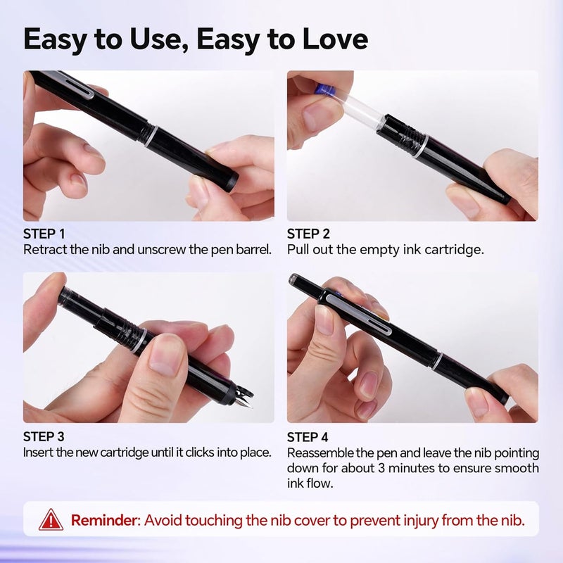 WRITECH Fountain Pen Left Handed: Retractable Style Black Ink Set Fine Nib, Includes 5 Ink Cartridges for Smooth Writing Calligraphy Journaling - Image 3